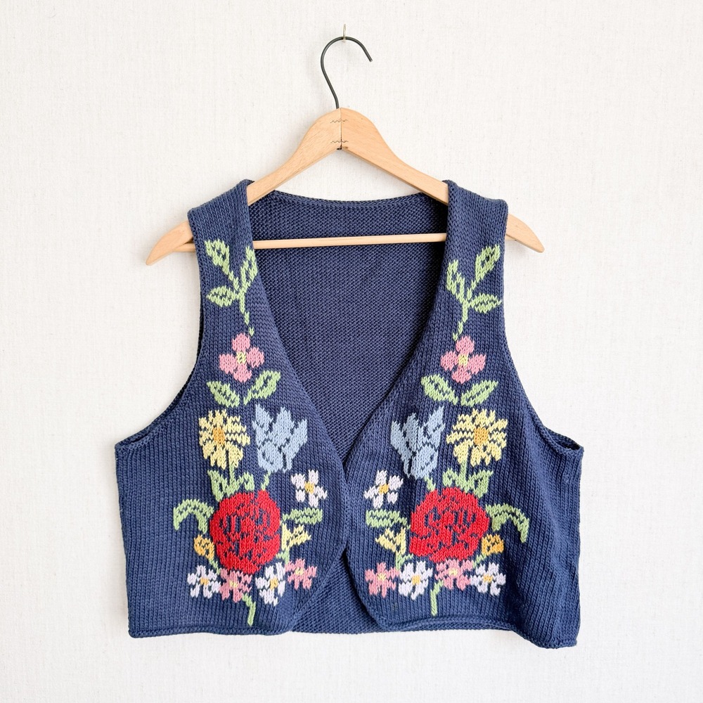 Handmade Vintage Floral Knit Sweater Vest Navy Blue Cropped Cottagecore M/L